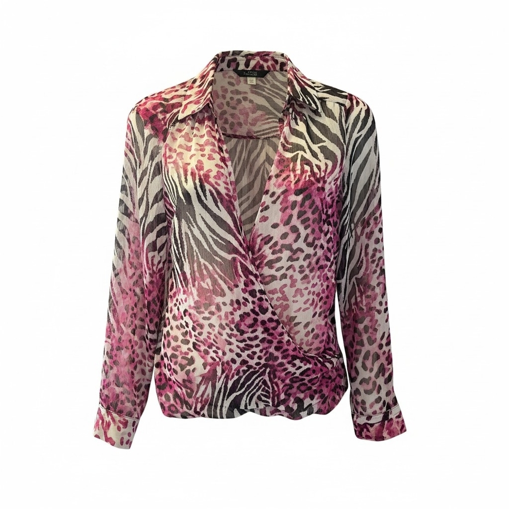 I.N. Studio Zebra and Leopard Print Sheer Blouse Size Med Pink/black